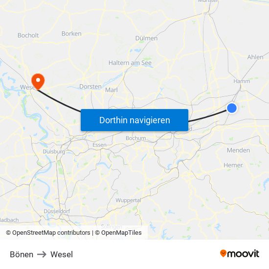 Bönen to Wesel map