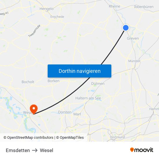 Emsdetten to Wesel map