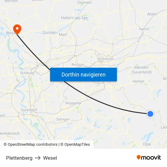 Plettenberg to Wesel map