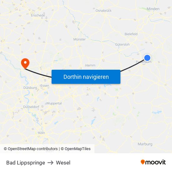 Bad Lippspringe to Wesel map