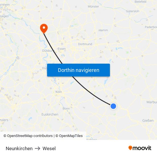 Neunkirchen to Wesel map