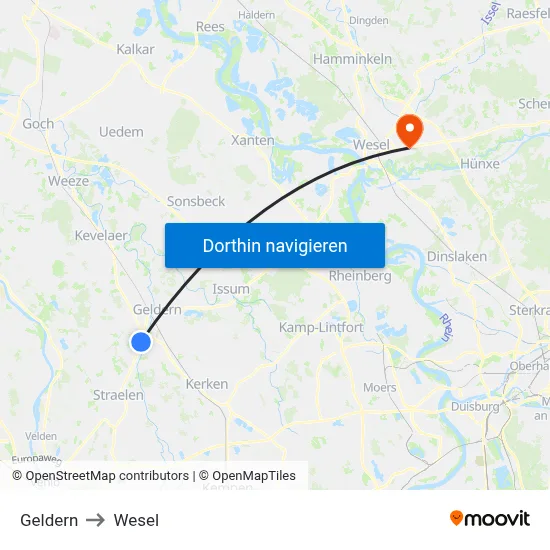 Geldern to Wesel map