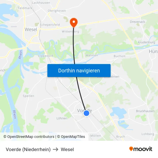 Voerde (Niederrhein) to Wesel map