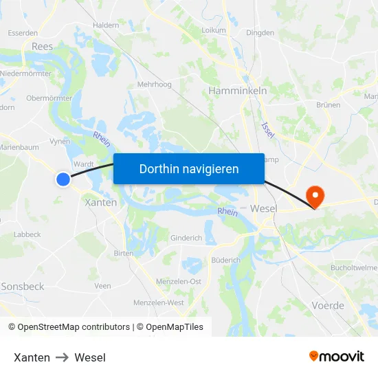Xanten to Wesel map