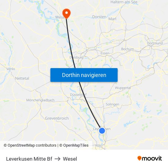 Leverkusen Mitte Bf to Wesel map