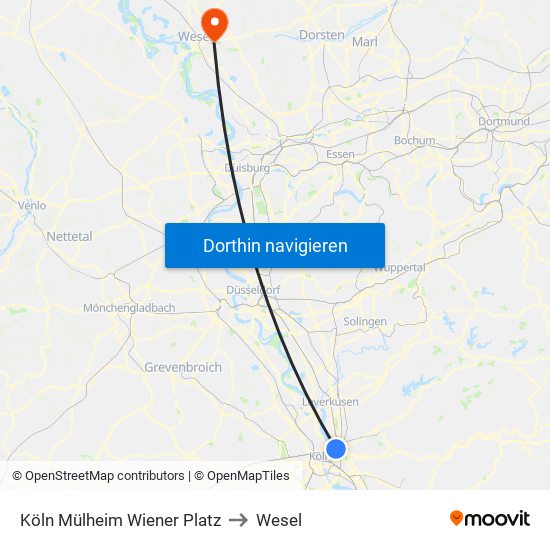 Köln Mülheim Wiener Platz to Wesel map