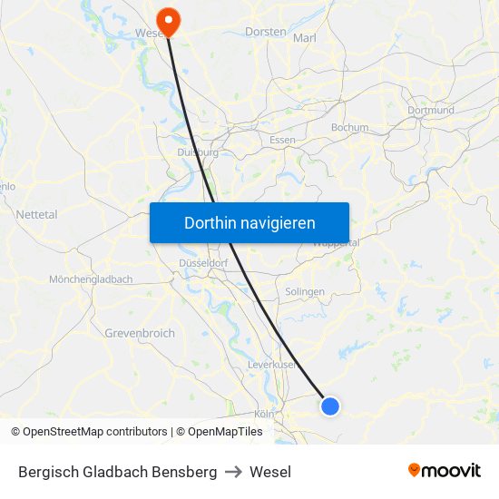 Bergisch Gladbach Bensberg to Wesel map