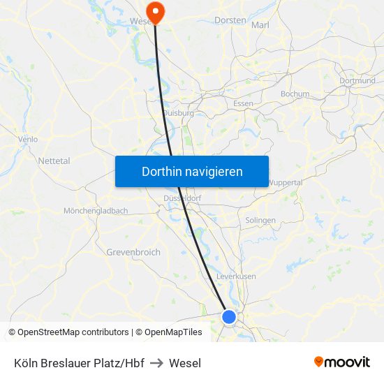 Köln Breslauer Platz/Hbf to Wesel map