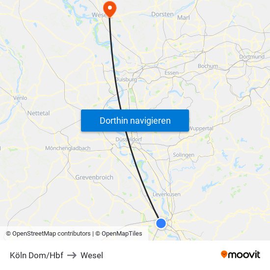 Köln Dom/Hbf to Wesel map