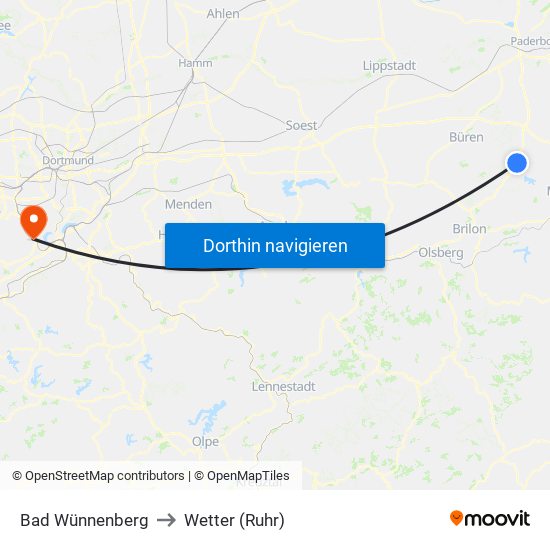 Bad Wünnenberg to Wetter (Ruhr) map