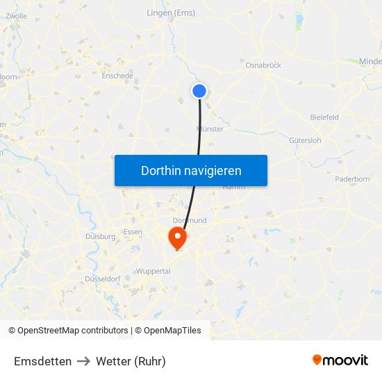Emsdetten to Wetter (Ruhr) map
