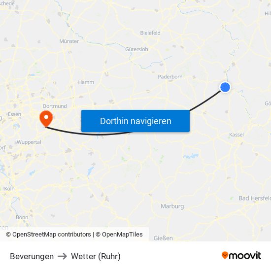 Beverungen to Wetter (Ruhr) map