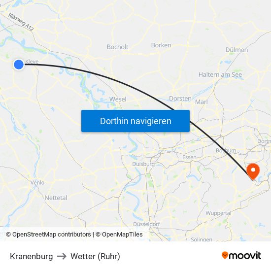 Kranenburg to Wetter (Ruhr) map