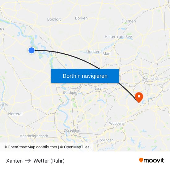 Xanten to Wetter (Ruhr) map