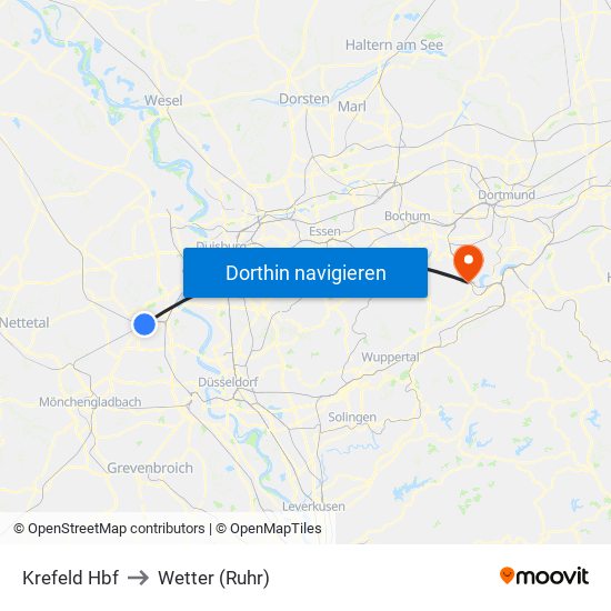 Krefeld Hbf to Wetter (Ruhr) map