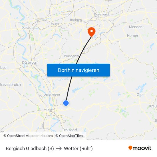 Bergisch Gladbach (S) to Wetter (Ruhr) map