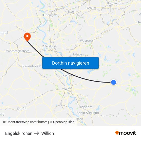 Engelskirchen to Willich map