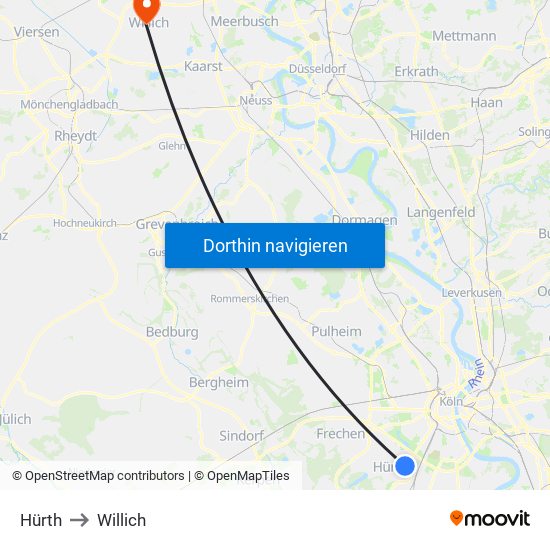 Hürth to Willich map