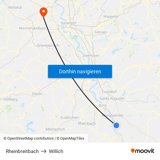 Rheinbreitbach to Willich map