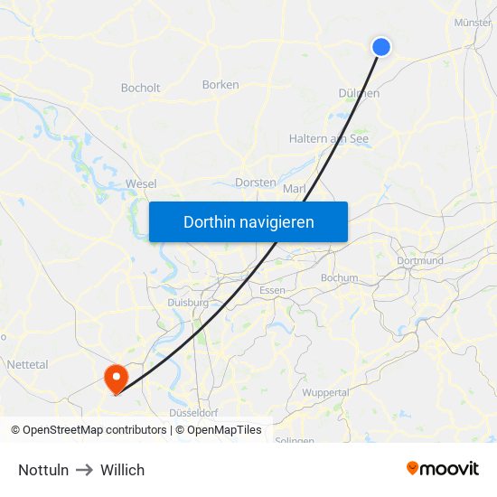 Nottuln to Willich map