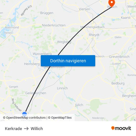 Kerkrade to Willich map