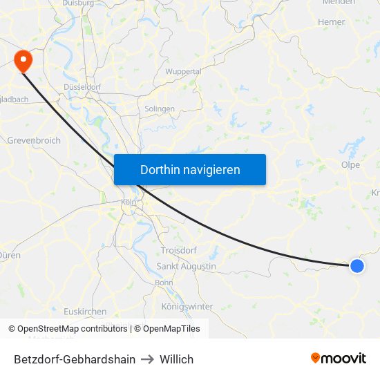 Betzdorf-Gebhardshain to Willich map