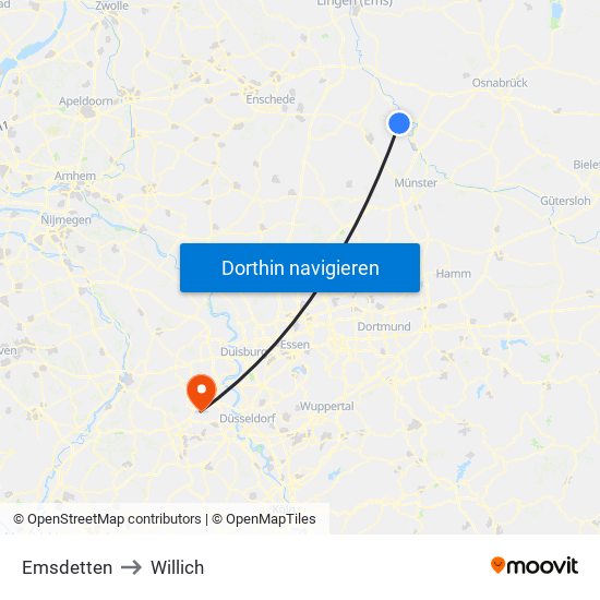 Emsdetten to Willich map