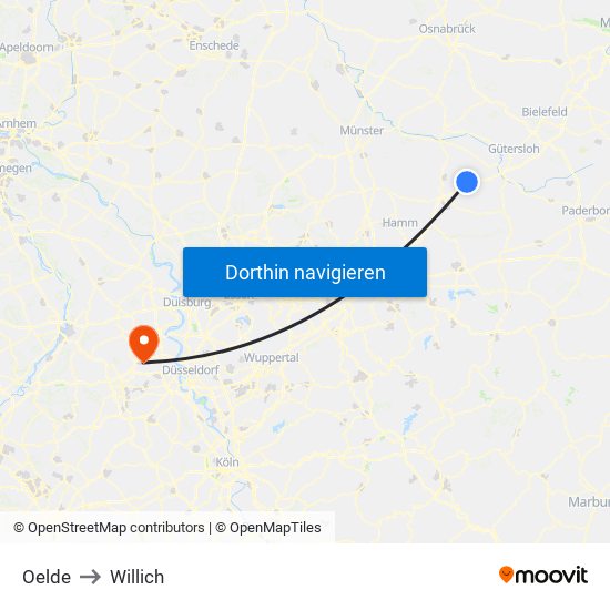 Oelde to Willich map