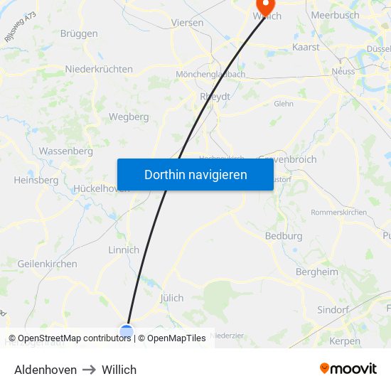 Aldenhoven to Willich map