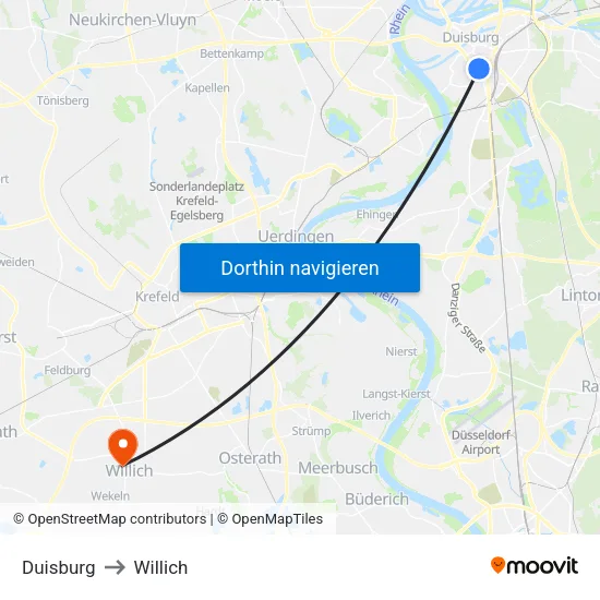 Duisburg to Willich map
