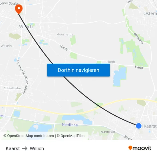 Kaarst to Willich map