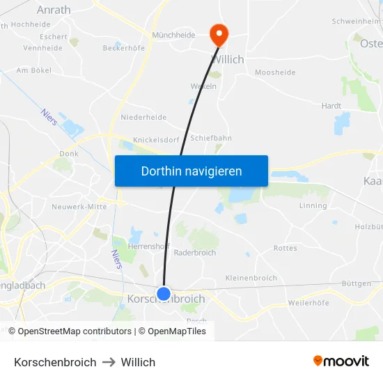 Korschenbroich to Willich map