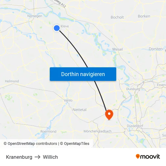Kranenburg to Willich map