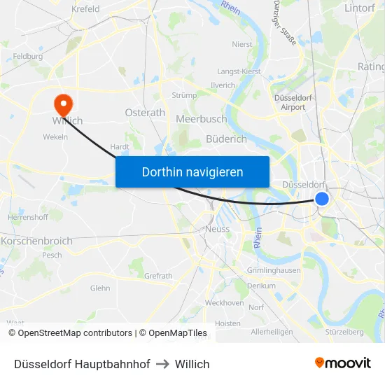 Düsseldorf Hauptbahnhof to Willich map