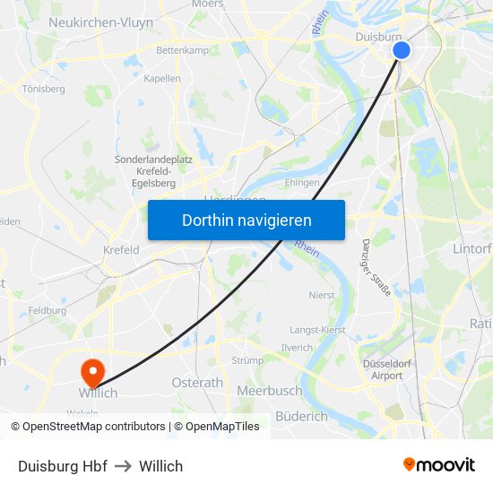 Duisburg Hbf to Willich map