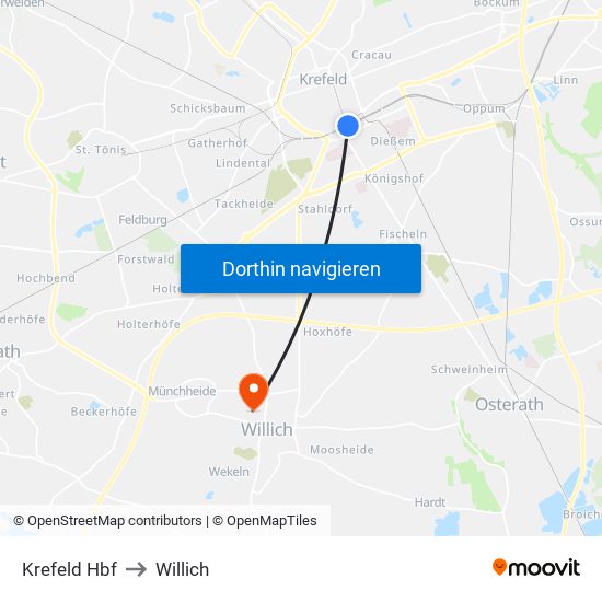 Krefeld Hbf to Willich map