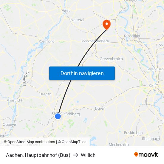 Aachen, Hauptbahnhof (Bus) to Willich map