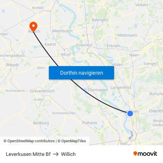 Leverkusen Mitte Bf to Willich map