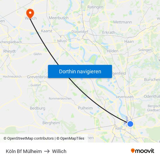 Köln Bf Mülheim to Willich map