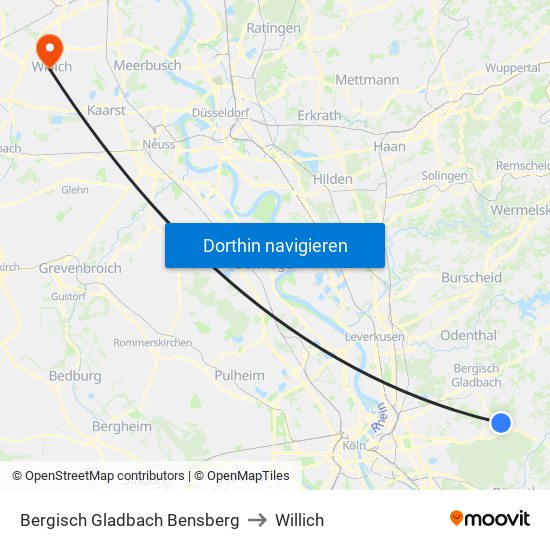 Bergisch Gladbach Bensberg to Willich map