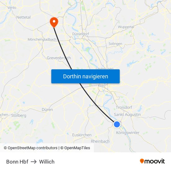 Bonn Hbf to Willich map