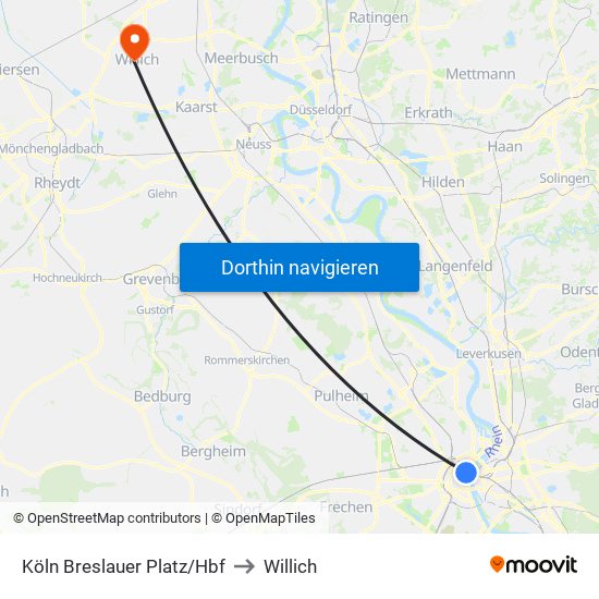 Köln Breslauer Platz/Hbf to Willich map