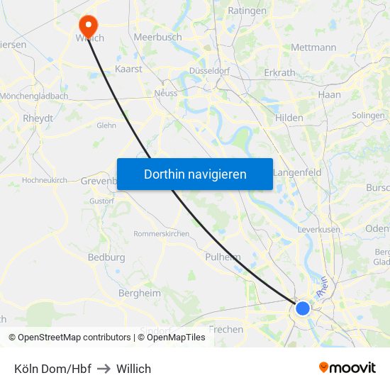 Köln Dom/Hbf to Willich map