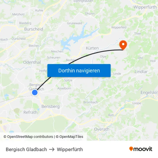 Bergisch Gladbach to Wipperfürth map