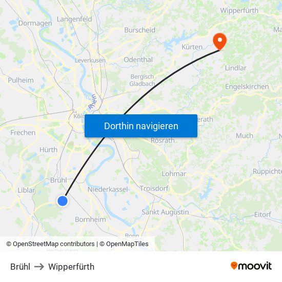 Brühl to Wipperfürth map