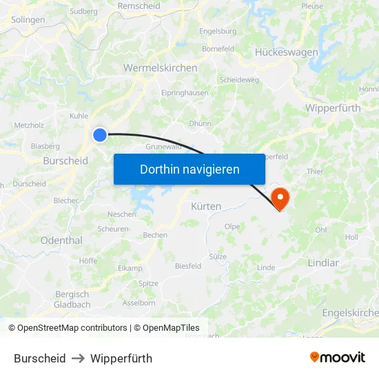 Burscheid to Wipperfürth map