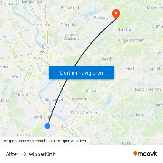 Alfter to Wipperfürth map