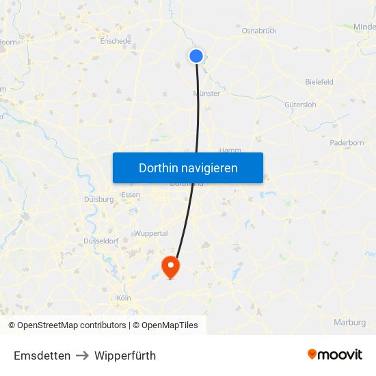 Emsdetten to Wipperfürth map