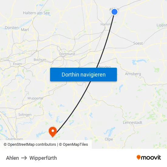 Ahlen to Wipperfürth map
