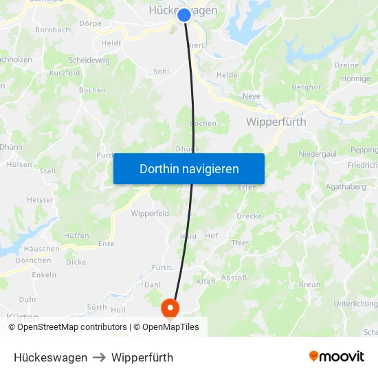 Hückeswagen to Wipperfürth map